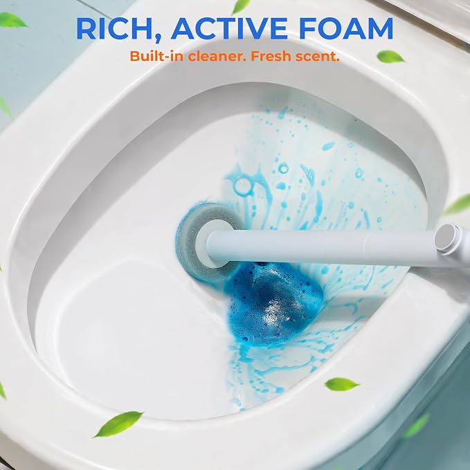 Disposable Toilet Brush Set with Caddy, 1 Handle, 54 Refills | Touch-free eject, secure-lock refill head, 17 in handle, auto-open floor caddy, 54 preloaded sponge refills for toilet bowls