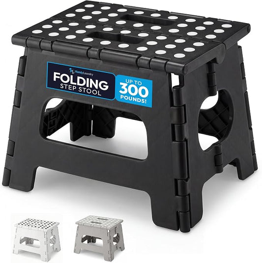 Handy Laundry Folding Step Stool 8 Inch, Black, Non-Slip Holds 300 lbs | 8 Inch, Black, Foldable Collapsible Step Stool, Non-Slip, Holds 300 lbs, Kitchen Bathroom Bedroom, Adults