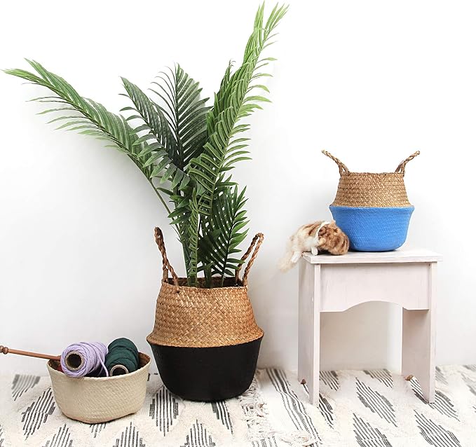 Woven Seagrass Belly Basket for Storage, Laundry, Picnic, Plant Pot Cover, and Grocery and toy storage (Small, Black)