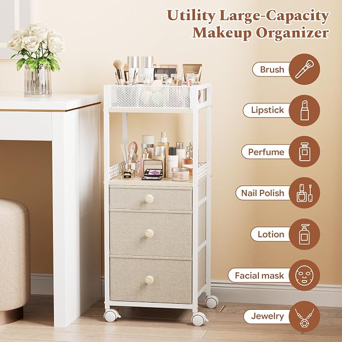 Plaviya Makeup Organizer Cart 3 Drawers for Perfume, Skin Care, Nail Polish | Utility Rolling Cart, Vanity Desk Organizer, Office, Bedroom, Bathroom, White