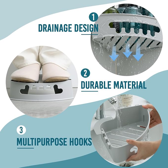 TAILI Corner Shower Caddy with Suction Cups, Wall Organizer Plastic Rack | Small Bathroom Caddy, Removable, Drill-Free, Heavy Duty Shower Shelf, Grey