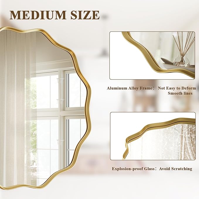 Gold Scalloped Circle Mirror, 20" Wavy Edge Round Wall Mirror | Tempered Glass Textured Circular Metal Deep Frame, Hanging Leaning for Bathroom, Hallway, Entryway, Living Room