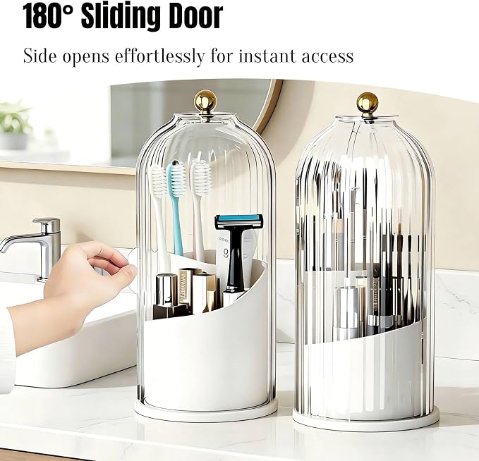JEESA Dustproof Toothbrush Holder with Cover, Transparent/White | 360° Rotating, 180° Sliding Lid, 3 Slots, Toothbrush Organizer, for Bathroom Countertop