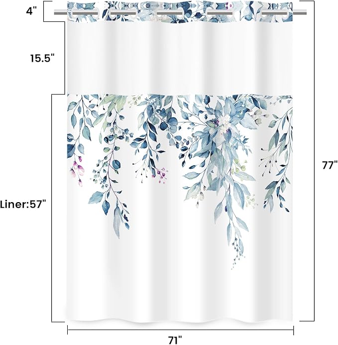 No Hook Floral Shower Curtain with Liner, Eucalyptus Blue, 71x77 | Snap in Liner, 3 in 1, Water Repellent, Easy Install, Machine Washable, Hotel Style for Bathroom, Watercolor Pattern