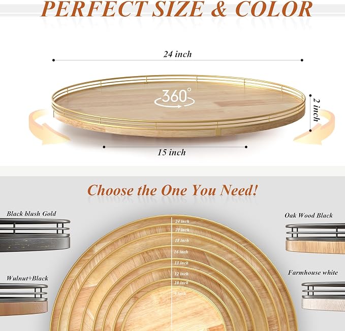 AMH 24-Inch Extra Large Lazy Susan with Solid Oak Base and Black Iron Rail | Smooth rotating oak tray with walnut finish for dining tables, kitchen counters, pantries and cabinet storage.