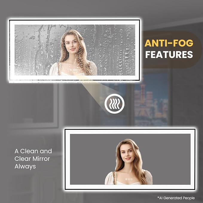 LOAAO 60"X28" LED Bathroom Mirror Black Framed | Anti-Fog, Dimmable, Memory Function, Tempered Glass, Lighted Vanity Mirror for Wall