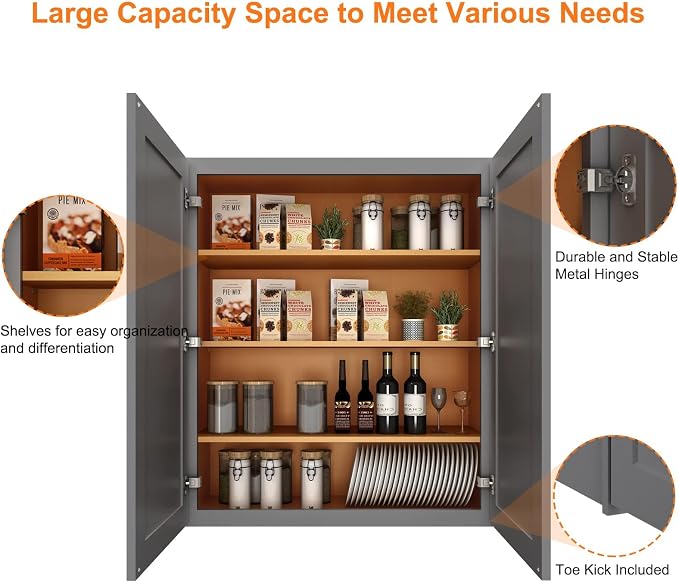ROOMTEC Wood Wall-Mounted Cabinet,Bathroom Medicine Cabinet with Adjustable Shelves and 2 Soft-Close Doors,Laundry Storage Cabinet for Bathroom,Kitchen,Living Room 12" D*30" W*42" H,Shaker Grey