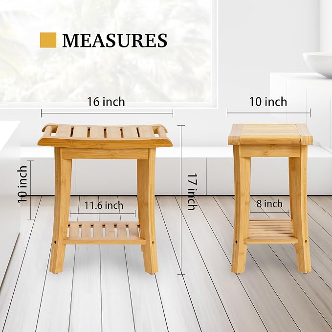 Unibambou Bamboo Shower Bench Inside Shower Stool with Storage Shelf, Spa Bath Chair for Bathroom, Seat or Organizer for Living Room, Bedroom and Garden - Great for All Ages Elderly (Small, Natural)