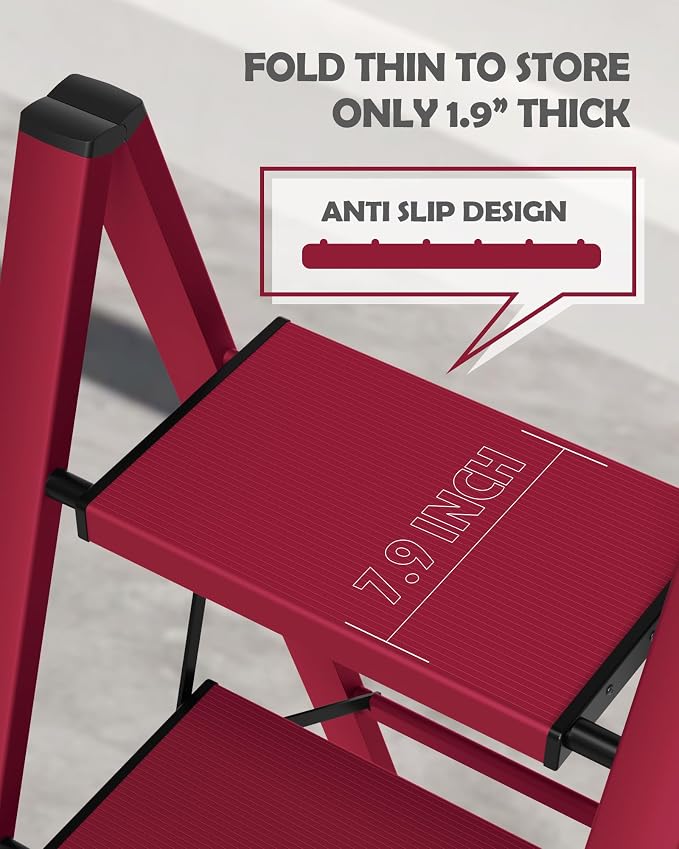 Taranta 4 Step Stool Foldable,Aluminum Step Ladder-Red | Lightweight,Wide Anti-Slip Pedals,Folding Step Stool,330lbs Capacity Stepladder for Household,Kitchen,Office