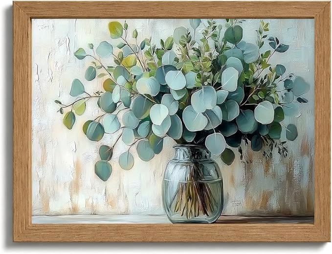 Wood Framed Rustic Eucalyptus Wall Art Sage Green in Glass Plants Vase Canvas Painting Picture Wall Decor Farmhouse Neutral Poster Print Artwork for Living Room, Bedroom, Bathroom Home Decoration