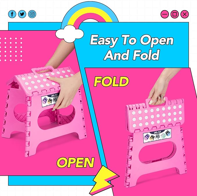 Delxo Folding Step Stool 11 Inch,300 Lbs Step Stool for Kids & Adults Pink | Foldable Step Stool 11",Non-Slip Foot Stools with Handle,Lightweight Collapsible stools for Kitchen,Bathroom,Bedroom,Garden
