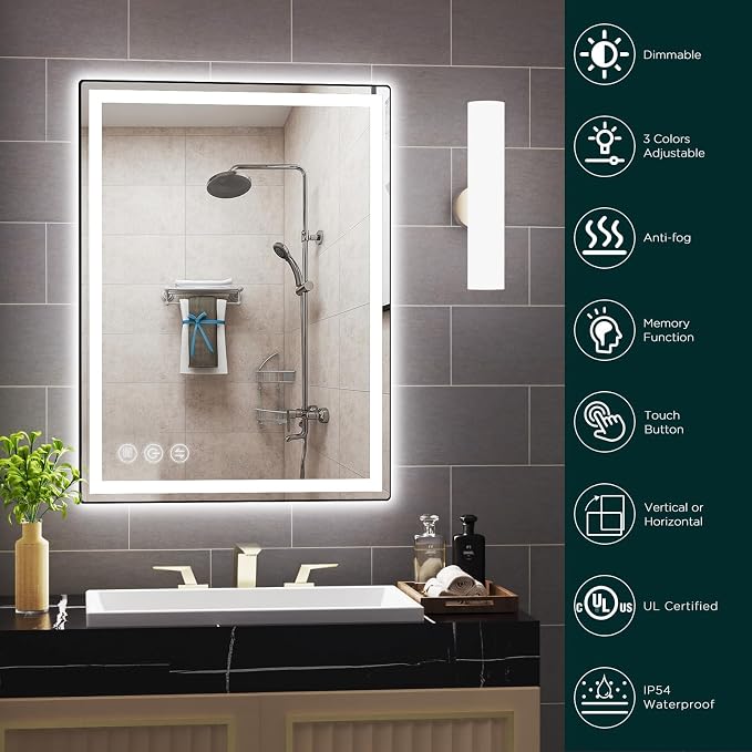 32" x 24" LED Bathroom Mirror with Lights, Memory Vanity Mirror | Anti-Fog, 3 Color Modes, Dimmable, Front Lit, Memory Function, Tempered Glass, Lighted Bathroom Mirror for Wall