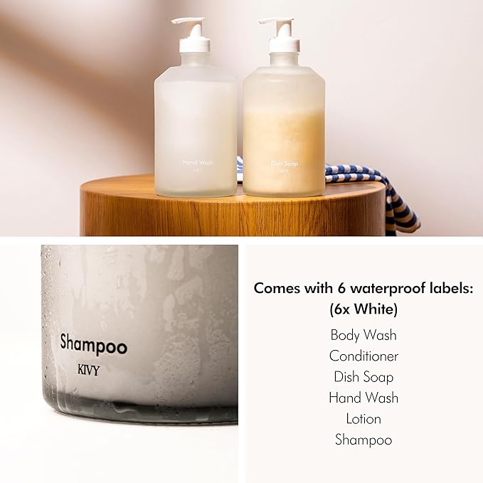 KIVY Glass Soap Dispenser Set [INCL. Waterproof Labels] - Glass Soap Dispenser with Pump - Hand Soap and Dish Soap Set - for Kitchen, Shower & Bathroom - Refillable (Matte White)