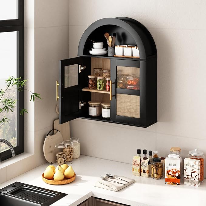 RUSTOWN Arched Bathroom Wall Cabinet with 2 Glass & Rattan Doors | Rattan Medicine Cabinet, Farmhouse Over the Toilet Storage Cabinet, Adjustable Shelves, 3-Tier Wall Mounted Cabinets