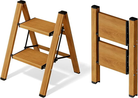 Mayi Plus 2 Step Stool Foldable, Aluminum, Lightweight Step Ladder | Extra-wide anti-slip folding steps with 330 lbs, for home,kitchen,office,outdoor,Woodgrain
