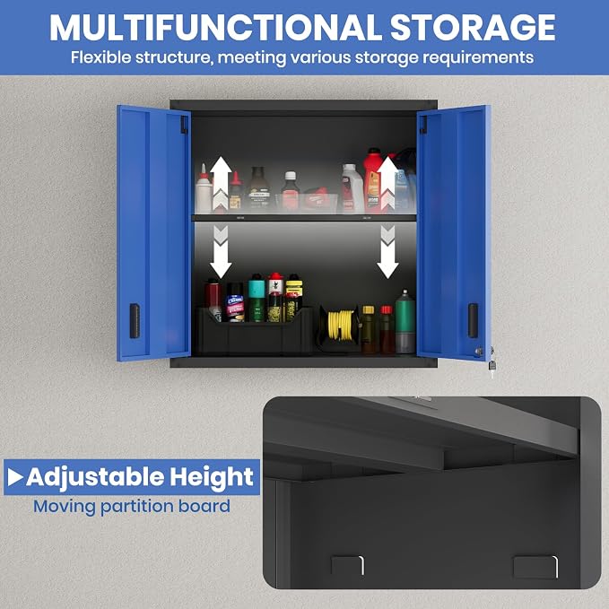 30 Inch Metal Wall Cabinet, Metal Wall Cabinet for Garage, Blue | Wall Mount Cabinet with Lock and Adjustable Shelf, Lockable Storage Cabinet for Home Office,Garage,Gym,School
