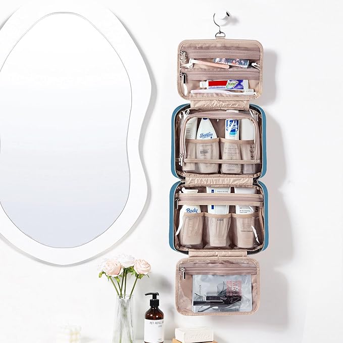 NISHEL Travel Toiletry Bag for women, Portable Hanging makeup Organizer | for Travel-Sized Shampoo, Conditioner, Brushes Set, makeup Accessories, Large Size, Lake-Blue