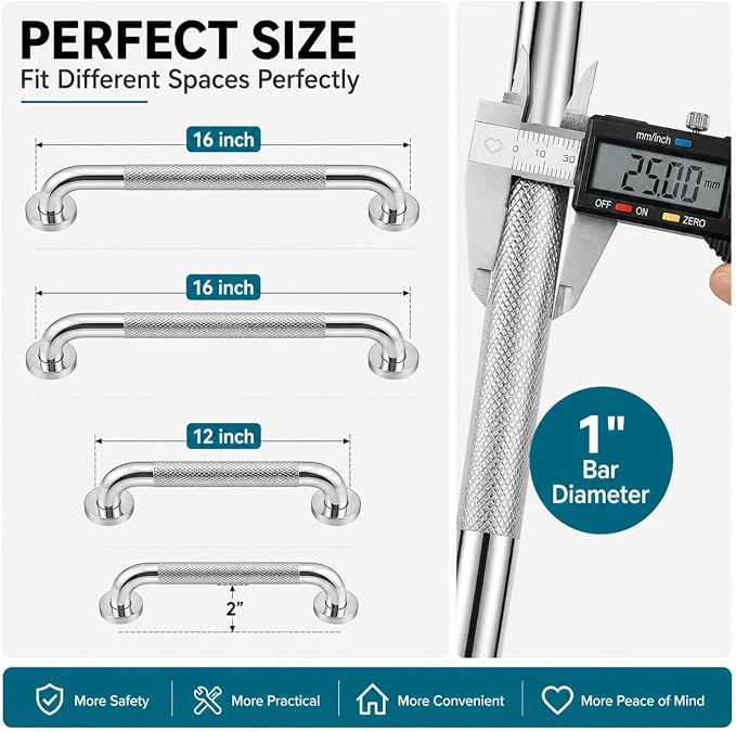 Grab Bars for Shower, 3 Pack Wall Mounted Bathroom Safety Bars | 2×16" & 1×12" Hand Rails for Shower, Bathroom Grab Bars for Seniors with 500 lb Support