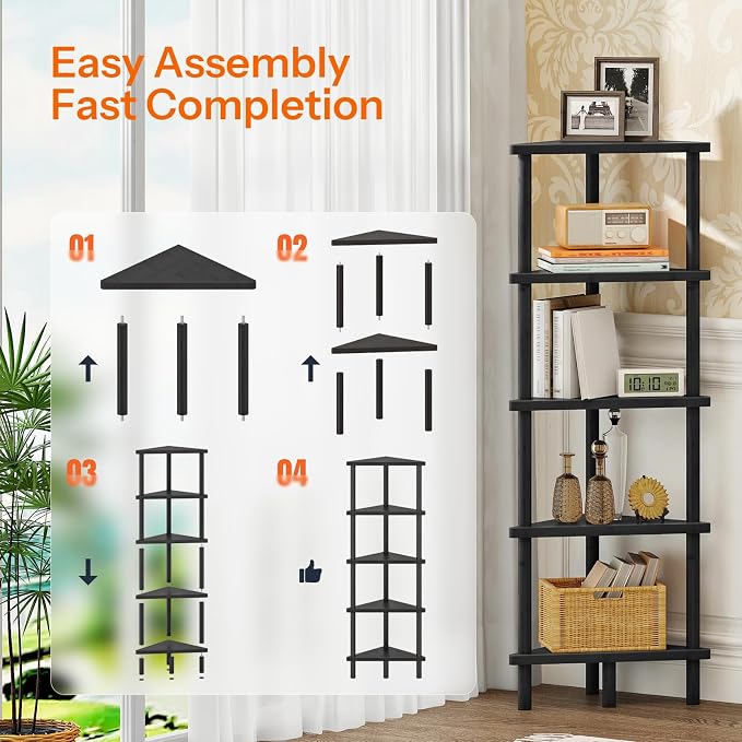 HOOBRO Corner Shelf Stand, 5-Tier Bamboo Corner Bookshelf, Plant Display, Corner Bookcase, Multipurpose Shelving Unit for Small Space, Living Room, Easy Assembly, BK124CJ01