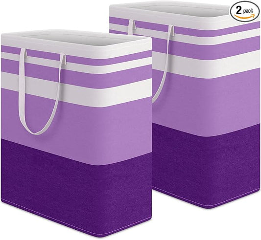 HomeHacks 2 Pack Laundry Baskets, Laundry Hampers Bags (Purple 125Lx2) | Waterproof, Freestanding, Collapsible Clothes Hamper with Reinforced Handles in Laundry Room, College Dorm, Bathroom, Bedroom