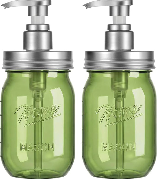 Amolliar Plastic Mason Jar Soap Dispenser with Pump Lid 16OZ - 2Pack Green | Refillable BPA-Free Hand Soap Dispenser Set with Cute Lables, Farmhouse Decor for Kitchen Bathroom Liquid Dish Soap Lotion