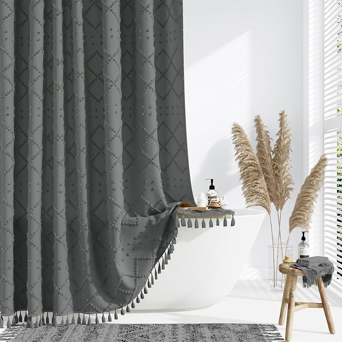 Extra Long Boho Shower Curtain Geometric 72"x96" Charcoal Grey | 96 Inch Tall, Elegant Tassel, Lightweight Textured Fabric, Water Repellent, Washable, Hotel Spa, for Bathroom/Dorm 12 Hooks