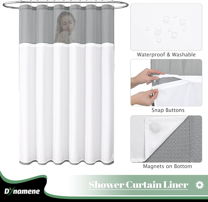 Extra Long Shower Curtain, 84 Inch Long Waffle Fabric Shower Curtain for Bathroom, Tall Waterproof Cloth Shower Curtain Liner Set with Hook, Snap in Liner, Mesh Top Window, Dark Grey, 72x84