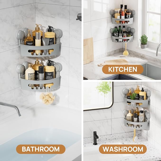 Corner Shower Caddy Suction Cup, shower shelves suction cup, Grey | 2 Pack Bathroom Basket, No-Drill Shower Caddies, Heavy Duty Shower Shelves, Removable