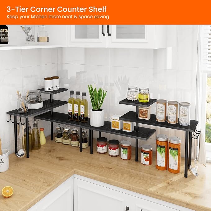 Bathroom Counter Organizer Corner Shelf, Kitchen Countertop Organizer, 3 Tier Wood Counter Shelf Stand for Over The Sink, Coffee Station, Desktop, Black