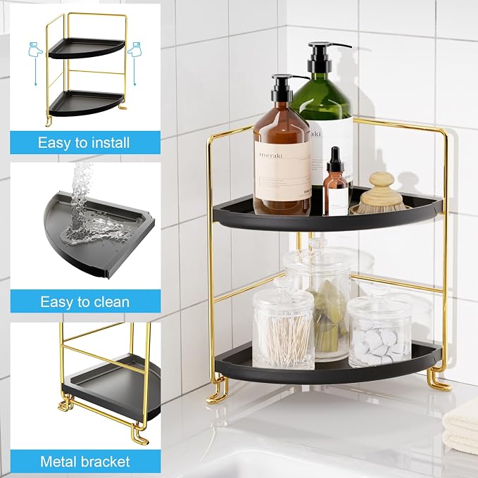 FSyueyun 2-Tier Corner Bathroom Counter Organizer, Gold & Black | Plastic Bathroom Organizer Countertop for Skincare, Perfume, Makeup, Tool-Free Assembly, Small Bathroom Corner Tray Shelf