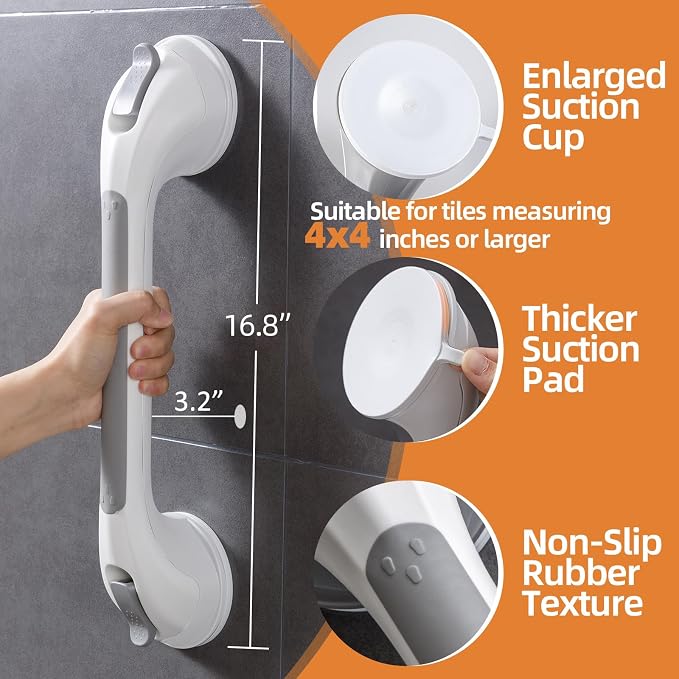 Shower Handle 2 Pack, 17 Inch Grab Bars for Bathtubs and Showers, Strong Suction Cup Safety Handrails for Seniors, Elderly, Injury Recovery, No Drilling Waterproof Bathroom Grip, Grey