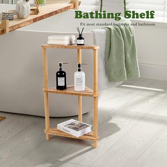 Corner Shelf Shower Caddy Stand 3-Tier,Standing Bathroom Organizer | Bamboo,Large Capacity Shower Storage,Space-Saving,Anti-Slip Feet,Waterproof,Easy to Assemble,Durable,Bath,Living Room,Kitchen