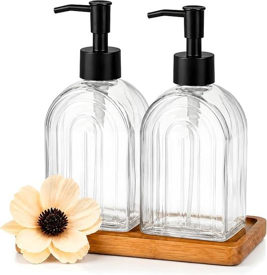 2 Pack Arch Glass Soap Dispenser with Acacia Wood Tray, 11oz Clear Rainbow Decorative Hand Soap Dispenser with Rustproof Pump, Refillable Liquid Dispenser for Bathroom, Kitchen, Countertop