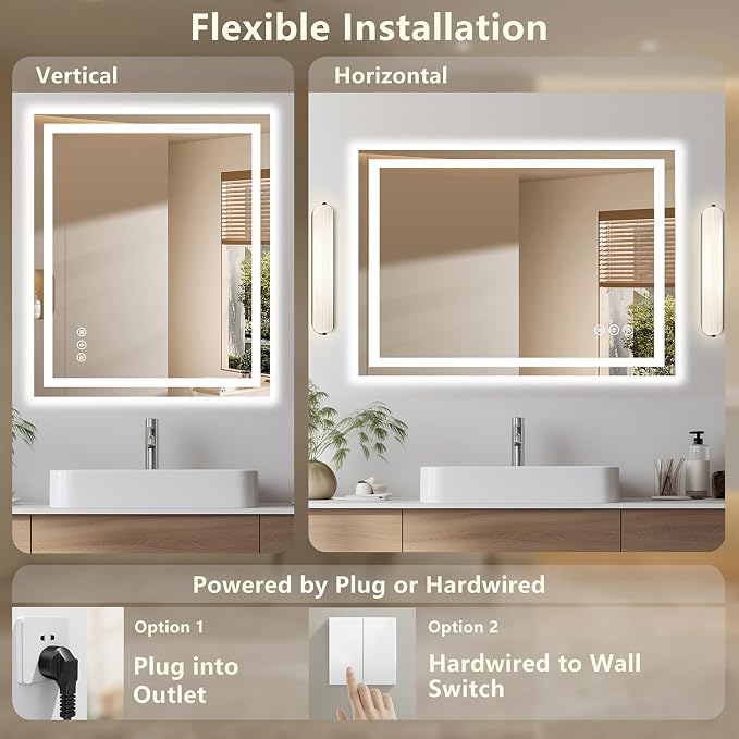 24"x 30" LED Bathroom Mirror with Light Over Sink, for Bathroom Wall | 3 Color, Anti-Fog, Backlit ＆ Frontlit, Stepless Dimmable,Memory, Shatter-Proof, Vertical ＆ Horizontal, Frameless