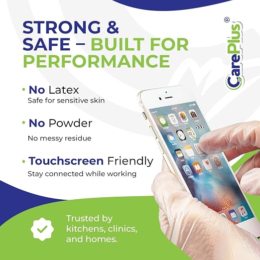 CARE PLUS Clear Vinyl Gloves Small, Latex Free Multipurpose, 200 Count | Powder free disposable protection for food prep, salons & housekeeping; ambidextrous, tear resistant, comfortable snug fit