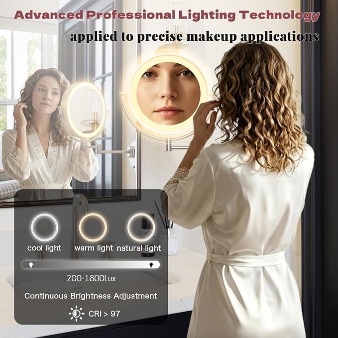 10" Brass Wall Mount Magnifying Makeup Mirror with Extension Arm Lighting | 3 Color LED Touch Dimmable, 2 Sided SPA Hotel Bathroom 5X Vanity Cosmetic Shaving, 360 Rotation, Rechargeable, Brushed Nickel