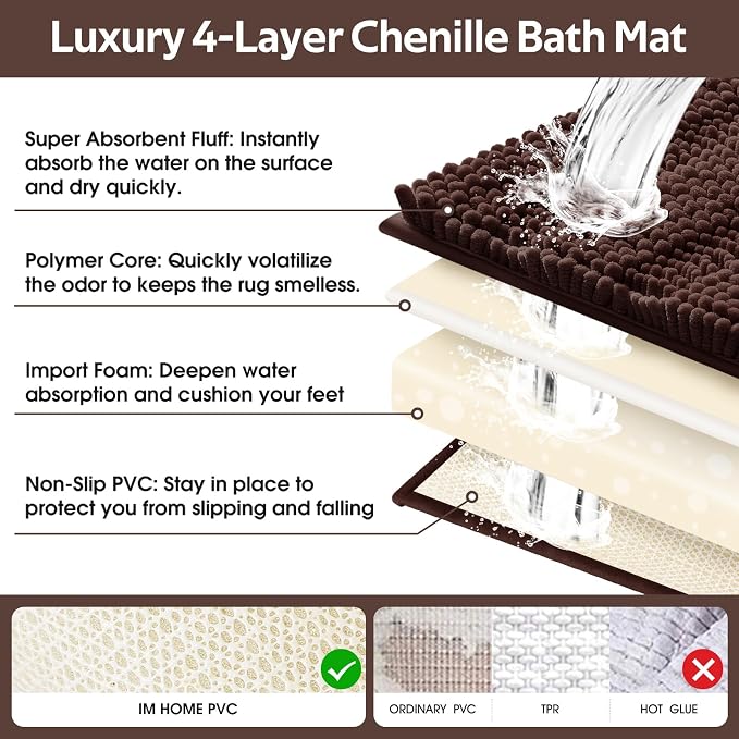 Striped Brown Bathroom Rug Set 3 Pieces Ultra Soft, Non Slip Chenille Toilet Mat, Absorbent Plush Shaggy Bath Mats for Bathroom, Bedroom, Kitchen