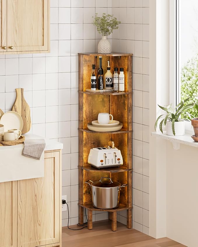 Corner Shelf Stand, 5 Tier Corner Bookshelf,Corner Furniture for Bedroom Display Corner Shelf for Small Space,Wood Shelves with Storage Rack for Living Room,Office, Rustic Brown