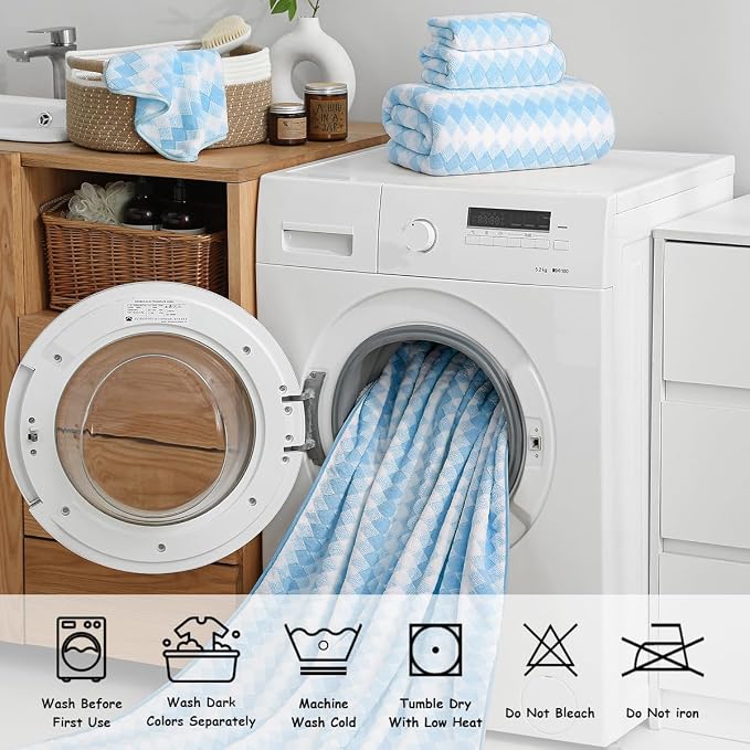 12 Pcs Blue White Diamond Towel Set-4 Bath Towels,4 Hand Towels,4 Washcloths Soft Polyester Towels with Loop Absorbent Shower Towel Quick Dry Beach Chair Towel Family Towels for Bathroom Spa Gym Pool