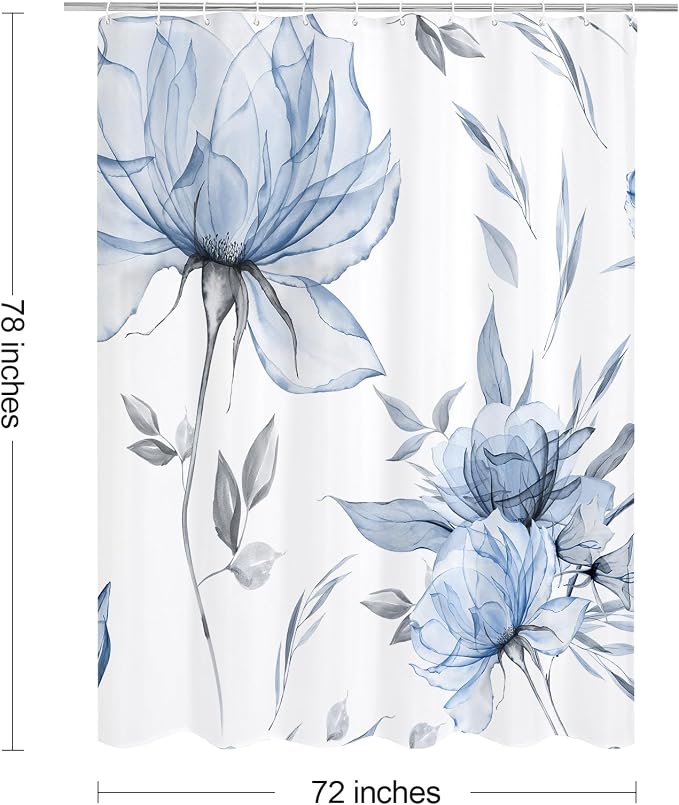Litabel Long Boho Watercolor Floral Shower Curtain 72 x 78, Blue and Grey Ink Painting Style Flower Shower Curtains for Chic Elegant Bathroom, Artistic 78 Inch Long Fabric Shower Curtain