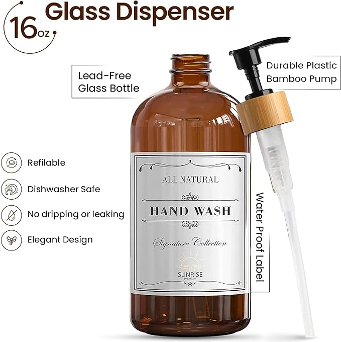 Amber Glass Soap Dispenser, Bamboo Pump with Tray, 16 oz | Amber Glass, Bamboo Pump Hand and Dish, Bathroom and Kitchen Sink use,6 Waterproof Labels Included 4 Pack