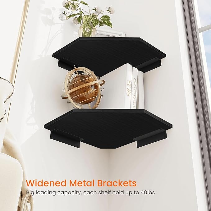 Corner Shelf Wall Mount, Set of 2 Corner Floating Shelves with Wire Hole for TV, Cable Box, Wood Hanging Storage Shelf Organizer for Bathroom Kitchen Living Room Bedroom, Black