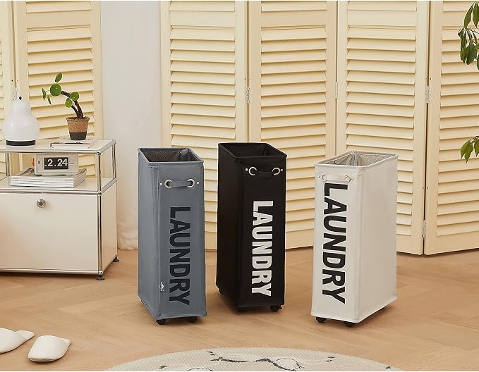 DOKEHOM 25" Slim Rolling Laundry Basket Hamper, Narrow on Wheels, Beige | Collapsible narrow laundry hamper with mesh drawstring closure. Foldable corner clothes storage bin for small spaces