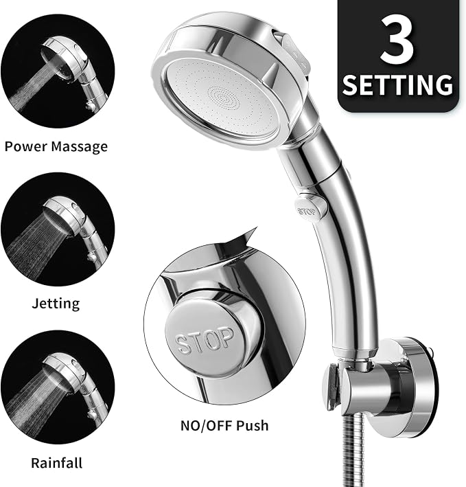 Marbrasse 3-Settings Handheld High Pressure Showerhead with ON/Off Full Shutoff Push Button,Water-saving Camping Shower with Adjustable Angle(Vacuum Suction Shower Head Holder+5 Feet Shower Hose)