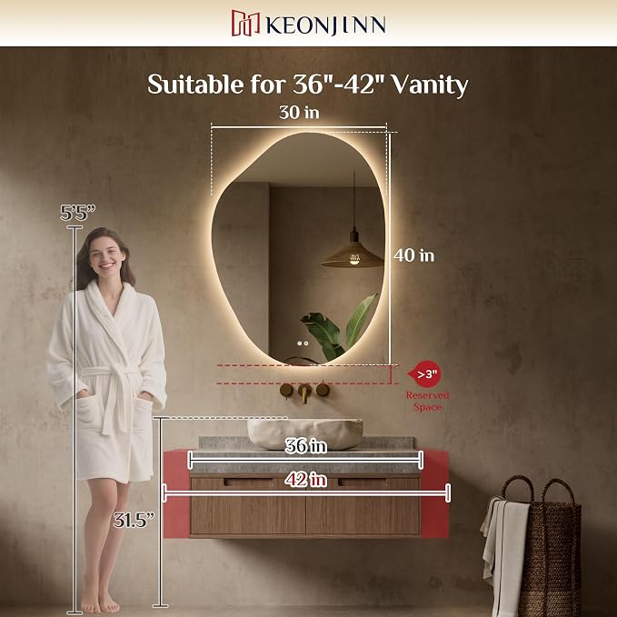 Keonjinn Asymmetrical LED Bathroom Mirror 30 x 40 Inch, HD Tempered Glass | Irregular Backlit Bathroom Mirror, Stepless Dimmable with 3 Colors, Fast Defogging, Memory Function, Horizontal/Vertical
