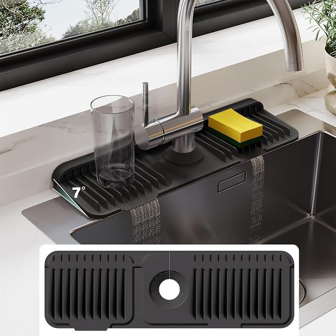 17.7-Inch Silicone Faucet Mat for Kitchen Sink Splash Guard, 7° Slope | 17.7"x5.5" water draining mat with fasten button; 1.6-2.75" customizable hole for bathroom, RV & kitchen sink drip catcher.