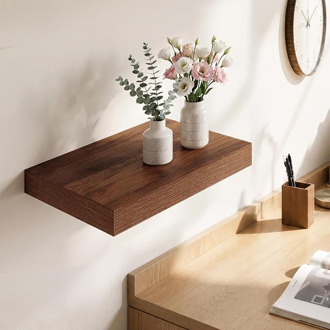 Deep Floating Shelves for Wall, 12 Inch Wide Small Wall Shelves Set of 2, 2 Inch Thick Invisible Wall Mounted Shelves for Bathroom Bedroom Nursery,Walnut Color