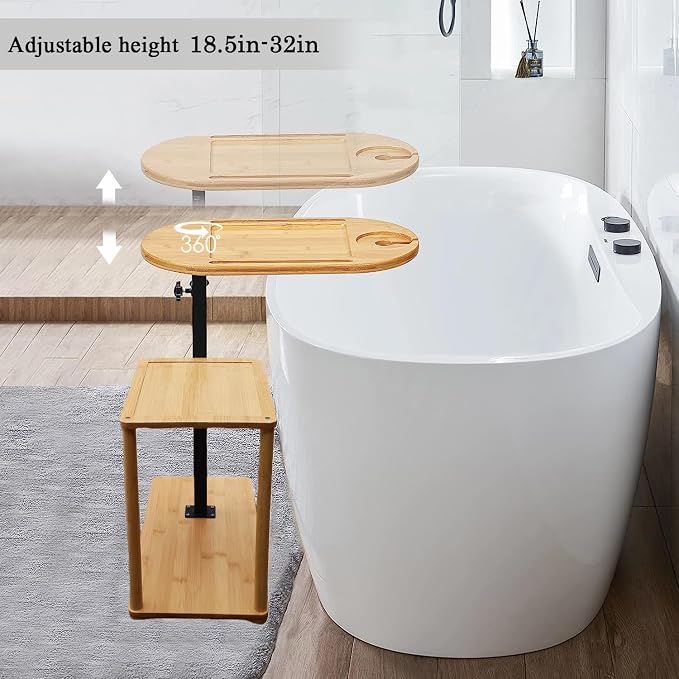 Bathtub Tray, 3 Layer Bathtub Tray Table with Adjustable Height, Enhanced Stability, Freestanding Premium Bamboo Bath Tub Tray for Spa,Bathtub, Bed, Sofa, Couch with Wine Glass Hold (3 Layer)…