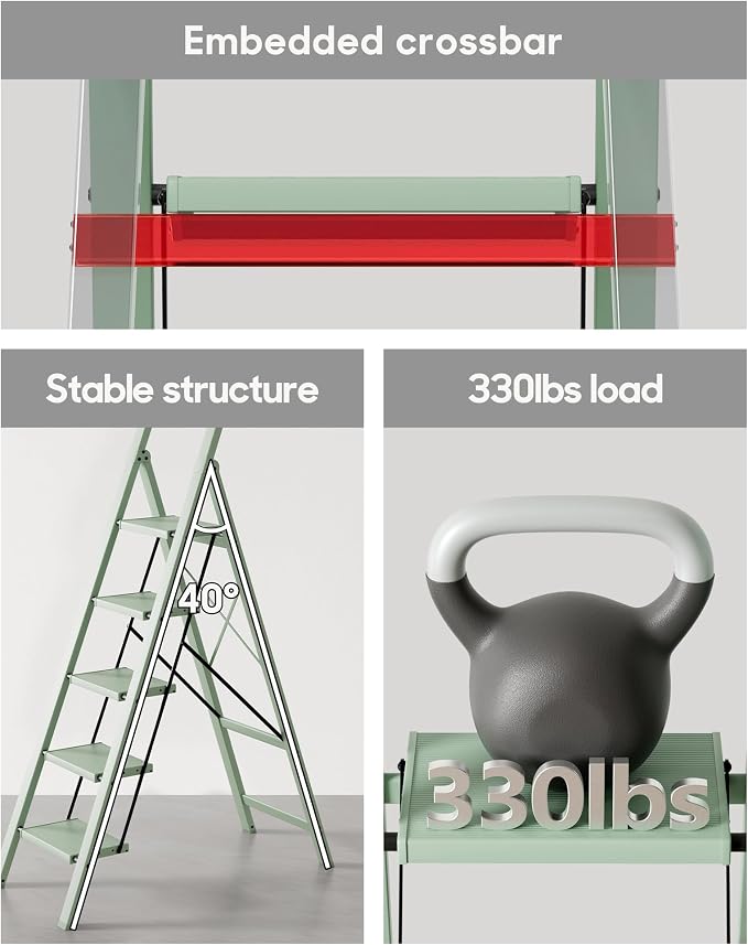 HillhutApex Aluminum 5 Step Ladder, Step Stool Foldable Ladder(Pale Green) | Stepladder with Handgrip,Anti-Slip Pedals,330lbs Capacity,Lightweight Portable Folding Ladder for Home,Office,Libaray