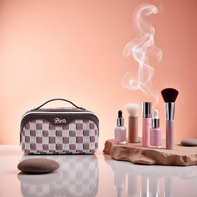 BOYATU Travel Makeup Bag Cosmetic Bags for Women: 3-Piece Makeup Bag Set | | Up to 20 3.4-oz Bottles | 180° Open-Flat Toiletry Organizer for Travel Essentials | Gift-Ready | (D-3-Brown)